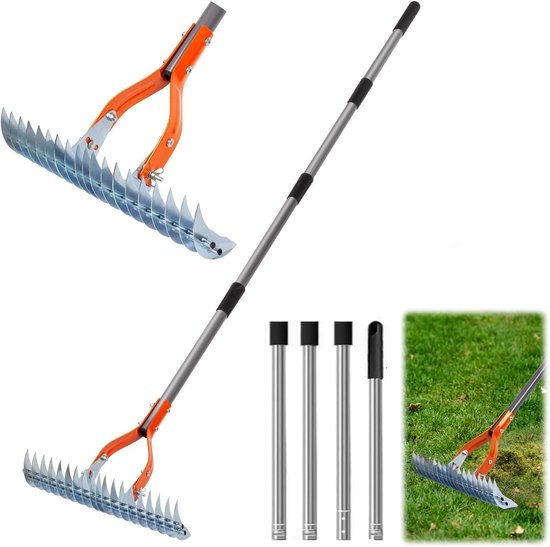 Scarifier rake 170 cm - metalen handscarifier - verstelbaar - voor het reinigen van dode gras - ShopVlot