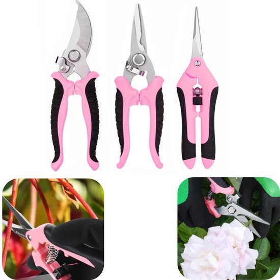 Schaarset - Snoeischaar - Bloemschaar - Bloemschikschaar - Roosenschaar - Druivenschaar - Met handvat - Duurzaam - Inspanningsbesparend - Tuinaccessoires - Geschikt voor planten, fruit, tuin (roze, meerdere maten)