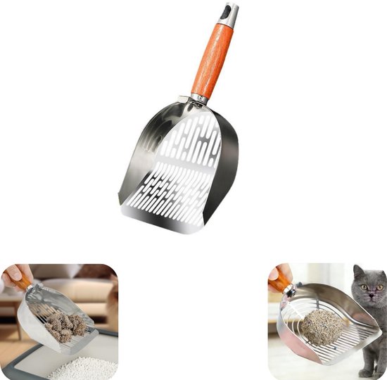 Schep - kattengritschep - kattenpoepschep - metalen kattengritschep - met gaten - met handvat - waterdicht - met basis - schoonmaakaccessoires - geschikt voor kattengrit, dierenwinkel, gras (zilver, 13*27,5 cm)