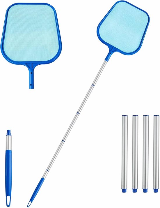 Schepnet voor zwembad, 150 cm, blad-skimmer net, fijnmazig reinigingsnet met 5 telescoopstangen, voor zwembad, vijver, fontein, aquarium