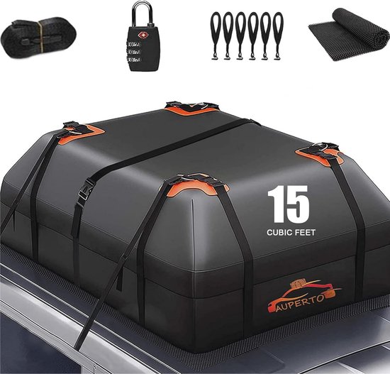 Scheurvaste Dakkoffer 425 Liter - Waterdicht en Geschikt voor Auto's zonder Bagagedrager - Inclusief Antislipmat en Versterkingsriemen van Merkloos	