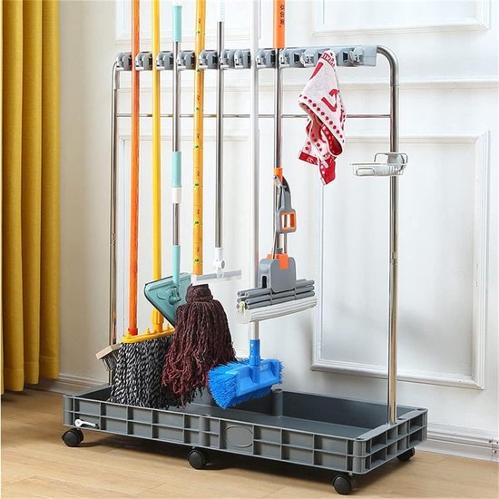 Schoonmaakwagen - Bezemhouder Dweilhouder - Schoonmaken Vereenvoudigen - Verplaatsbaar Met Wielen - 115 cm Hoog - Zilver van Merkloos	