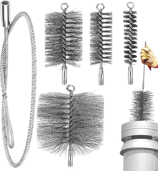 Schoorsteenborstel set van 4-30/50/80/150 mm kachelpijpborstels met 1 meter verlengstang, zware roetreiniger voor open haard en kachelrookkanalen