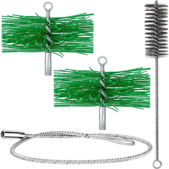 Schoorsteenborstels incl. kunststof haardbezem Ø 16 cm en Ø 15 cm, roestvrijstalen kachelborstel Ø 4 cm, flexibele schacht 1 m, voor grondige reiniging