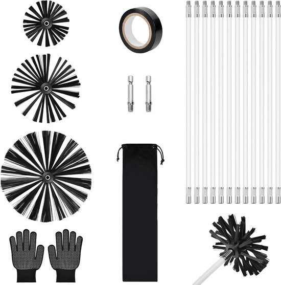 Schoorsteenborstelset, 12 staven, 41 cm, schoorsteenborstel met flexibel stangsysteem, schoorsteenreinigingsset met 3 borstelkoppen, adapter en isolatietape voor open haard, kachelpijp en rookafvoer