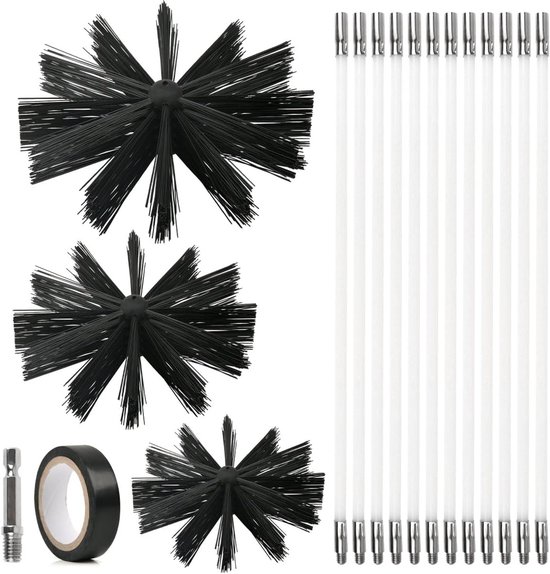 Schoorsteenborstelset, 3 kachelbuisborstels nylon (100 mm/150 mm/200 mm) met 12 flexibele stangen 410 mm, schoorsteenveegborstel, schoorsteenbezem kit voor open haard, pijpen, droger