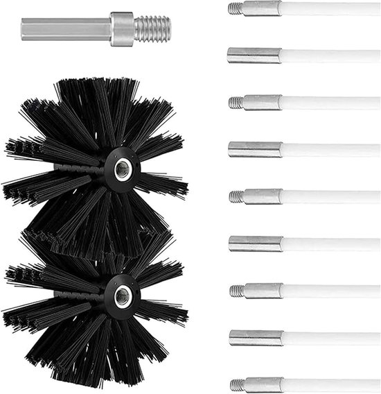 Schoorsteenborstelset, Diameter 150 mm, Haardborstel Bevat 9 Flexibele Stangen 410 mm en 2 Borstelkoppen Houtkachel Haarborstel Kit Haardreinigingsstaaf Reinigingsborstel Droogbuis Reinigingsborstel