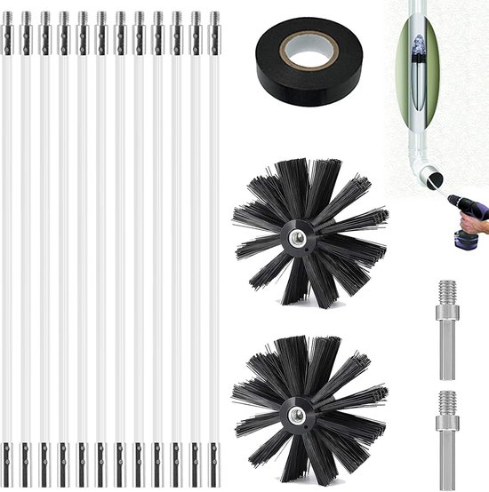 Schoorsteenborstelset, inclusief 2 kachelbuisborstels ø 150 mm, 12 flexibele staven van 410 mm, 2 zeskantstangen en 1 plakband