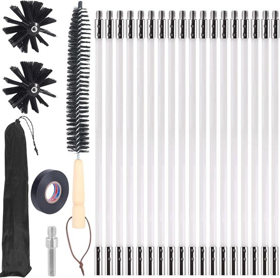 Schoorsteenborstelstang met 18 flexibele stangen van 410 mm + 2 borstelkoppen, bezem voor ovenpijp, schoorsteenveger, reinigingsborstel, accessoires voor open haard, droger