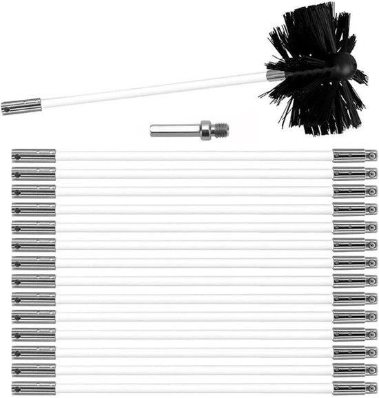 Schoorsteenreinigingsborstelset Kanaalontluchtingsreinigingsset Veegborstel Schoorsteenveegset Kachelpijpborstel Haardborstelset met 15 Flexibele Staven 1 Borstelkop 150mm