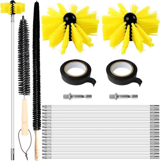 Schoorsteenreinigingsset 24-delig, met 16 stangen van 41 cm, 2 borstelkoppen 15 cm, 2 zeskantstangen 4,5 cm, 1 houten borstel 38 cm, 1 borstel 75 cm, 2 plakbanden