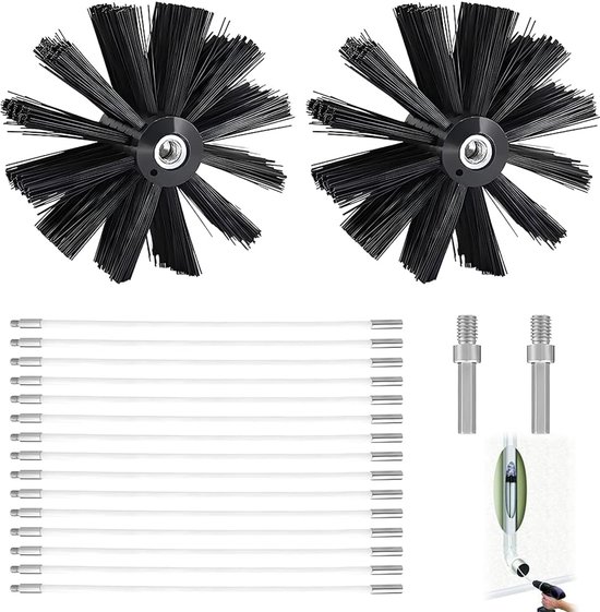 Schoorsteenreinigingsset voor open haard, verstelbare pelletkachel, sproeiset met 15 nylon staven 410 mm, 2 borstelkoppen 150 mm en 2 zeshoekige stang voor rioolslang