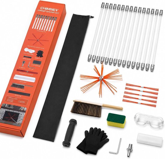 Schoorsteenveegset met nylon stangen, borstelkop van aluminiumlegering en flexibel ontwerp van 90° voor vierkante en rechthoekige schoorstenen