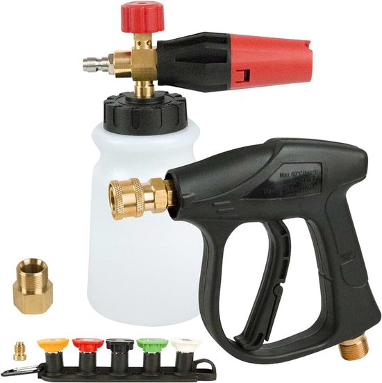 Schuimkanon voor hogedrukreiniger, 3000 psi-wasset met 5 spuitpunten | 1/4 inch snelspanningspistool, 1 l fles, 360 graden draaibaar, voor autowassen, tuinreiniging