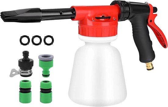 Schuimspuit - Foamer auto - 2-in-1 Schuim- & Waterspuit 1L - Instelbare verhouding - Wit/rood - Messing & PVC - 2.5–6bar - 4 Adapters - Voor Auto & Tuin van Merkloos	