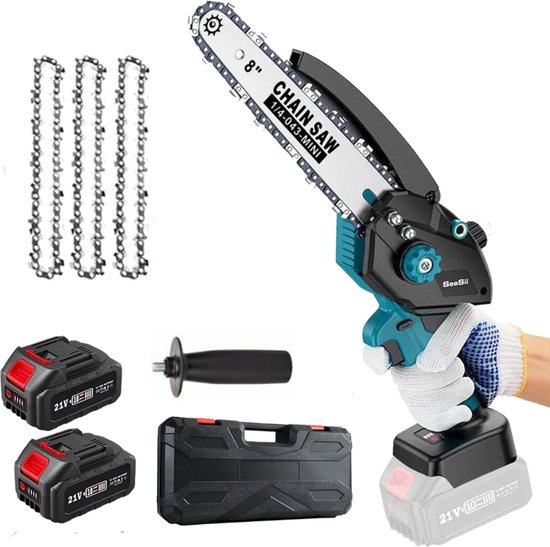 Seesii Professionele Mini Kettingzaag - Met Smeersysteem - Inclusief 3 Kettingen/2 Accu's/Extra Handgreep - 20 cm Zaagblad - Met Opslagcase En Alle Benodigde Accessoires - Blauw van Merkloos	