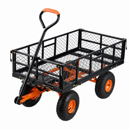 Sello! tuinkar – bolderkar – kruiwagen 4 wielen – belasting tot 400kg – kantelbaar – afneembare zijpanelen – metalen frame