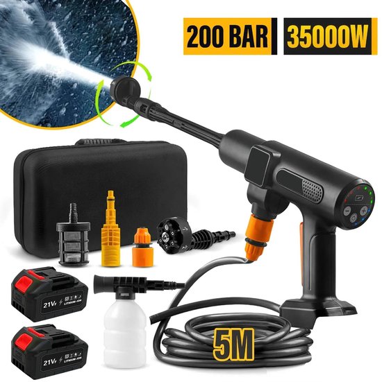 Sensova Hogedruk Autowasmachine 6-in-1 – Draadloze Hogedrukreiniger 20V – Borstelloze Motor – Tot 200 Bar – Met Spuitpistool & Aanzuigslang – Voor Auto, Tuin & Terras van Merkloos	