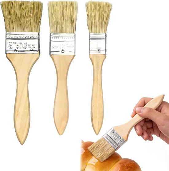 Set – 3 Stuks, Verschillende Maten, Van Natuurlijk Wildzwijnhaar – Geschikt voor Boter, Sauzen en Glazuren – Duurzaam en Hittebestendig – Inclusief Houten Handvat