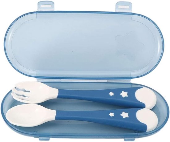 Set of 2 Baby Supplies Spoon Fork, Portable Baby Feeding Training Food Fork Spoon Non-Slip Baby Dinnerware Set with Travel Bag for Placing and Learning to Use Cutlery (Blue) van Merkloos	