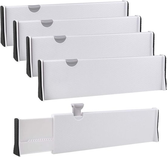Set of 4 Drawer Dividers voor Keuken - Verstelbaar - 27.7-43.5cm - Plastic - Hoogte 10cm - Lade Organizer voor Keuken - Ladebakken - Badkamer - Slaapkamer - Wit van Merkloos	