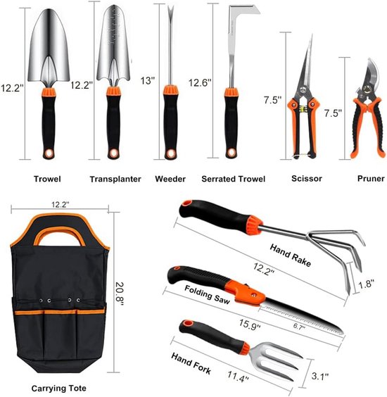 Set Tuingereedschap 10 Delig RVS - Zwaar Werk & Ergonomisch - Inclusief Opbergtas van Merkloos	