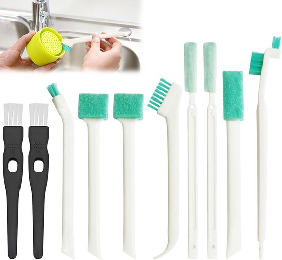 Set van 10 borstelsponzen, reinigingsborstelset, kleine reinigingsfles met spons, reinigingsborstel voor raamgroeven, reinigingsborstels voor keuken, badkamer