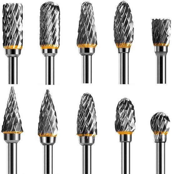 Set van 10 Dubbel Geslepen Tungsten Carbide Frezen voor Rotatietools, Geschikt voor Houtbewerking, Metaalbewerking en Graveren