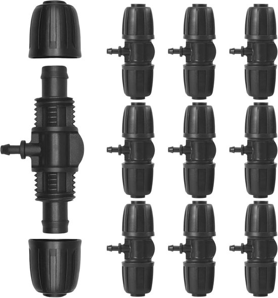 Set van 10 T-stukken voor 16mm Druppelirrigatie met Schroefdop en Schroevendraaier
