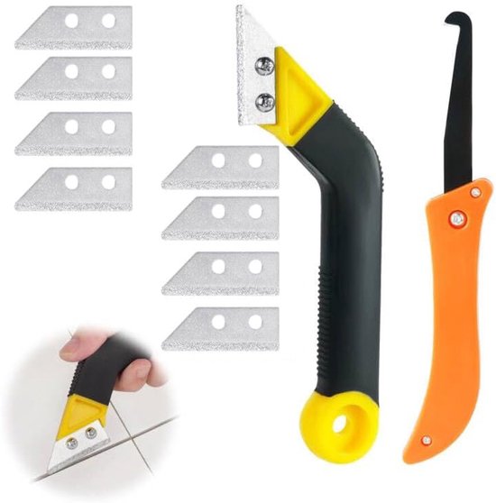 Set van 10 voegschrapers, voegschrapers voor tegels met 8 vervangende mesjes en 1 schuine zaag, tegelreinigingsschraper, voegschraper voor tegels van Merkloos	