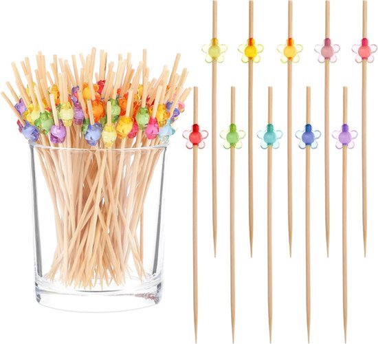 Set van 100 cocktailprikkers, 12 cm lange houten cocktailprikkers, schattige houten tandenstokers decoratie, hapjesprikkers voor bar, taartfeest en fruit, cadeau voor verjaardag