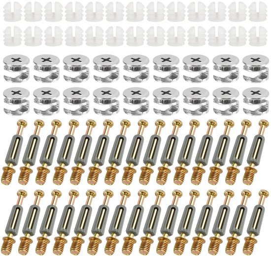 Set van 100 meubelverbinders - kastverbinders - M6 x 40 mm - schroefpluggen met afdekrand - excenterbeslag Ø 14,7 mm - excentrische meubelverbinders voor splitsen van meubels - kast - tafelkasten van Merkloos	