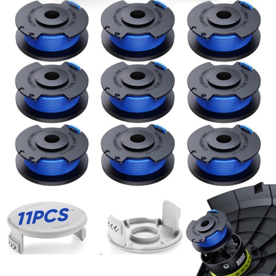 Set van 11 grastrimmerdraden – Geschikt voor Ryobi One+ 18V-, 24V- en 40V-trimmers (vervangt AC14RL3A) – Trimmerspoel – (9 spoelen met trimmerdraad, 2 kappen)