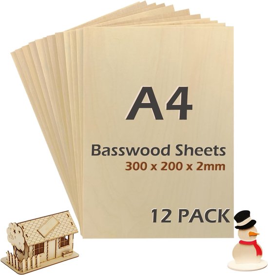 Set van 12 houten platen - multiplex - balsa - modelbouw - knutselen - ruw hout - voor modelbouw - pyrografie - laser - lasersnijhout - lasergravure - 200 x 300 x 2 mm - 12 stuks - hobbyprojecten - creatief materiaal van Merkloos	