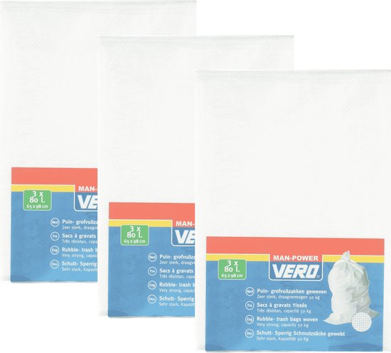 Set van 12x Grofvuil afvalzakken 80 liter wit - 65 x 98 cm - Geweven - Extra stevig - Tuin/bouw afvalzakken voor grofvuil van Forte Plastics