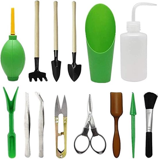 Set van 14 stuks - tuingereedschap - Tuinieren - Tuinset - Tuingereedschap set - voor planten en bloemen - Tuinonderhoud - Plantenschep - Tuinschep - Tuinhark - Metaal - groen van Merkloos	