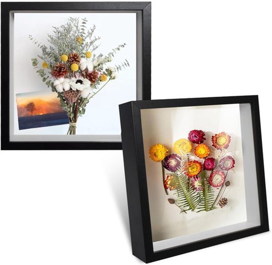 Set van 2 3D fotolijsten om objecten te vullen, 20 x 20 cm, 3D houten objectframe, diepte 3 cm, displaykast voor objecten, bloemen, grote schaduwdoos, trouwboeket, souvenirs, herinneringen en foto's (zwart)