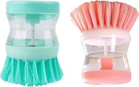 Set van 2 afwasborstels met geïntegreerde dispenser, reinigingsborstel voor potten en pannen, zachte nylon borstelharen, eenvoudige vulling, verwisselbare kop, praktisch keukenaccessoire