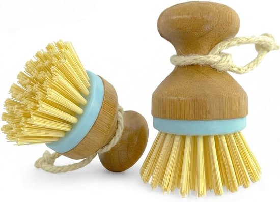 Set van 2 afwasborstels van hout, ergonomische keukenborstel met vaste borstelharen en henneptouw, duurzame potborstel voor servies, potten, pannen en meer