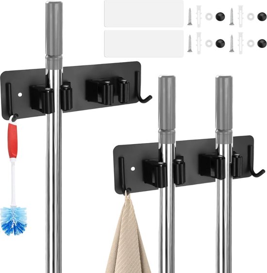 Set van 2 Broom Holders zonder Boren, Zelfklevende Gereedschapshouder van Roestvrij Staal van Topyl.