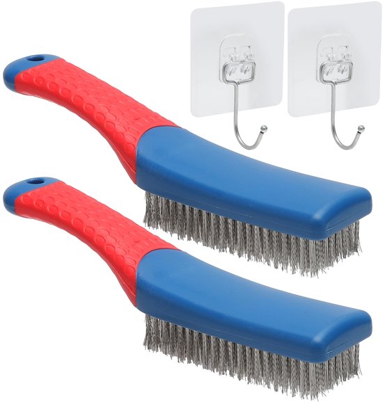 Set van 2 draadborstels, roestvrij staal, kleine draadborstel, grill met versterkte borstels, draadkrabborstel, keukenborstels, werkplaatsreiniging, staaldraad, reinigingsborstel, kleefhaken, 2 stuks