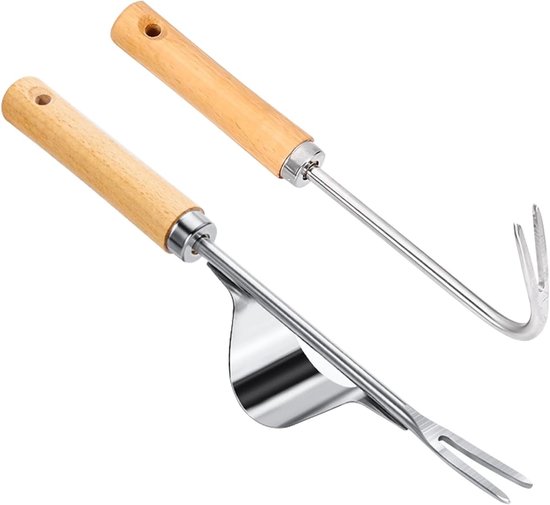Set van 2 Handgereedschappen voor Onkruidverwijdering, RVS Onkruidtrekker met Houten Handvat, Efficiënte Onkruidbestrijding en Worteltrekker
