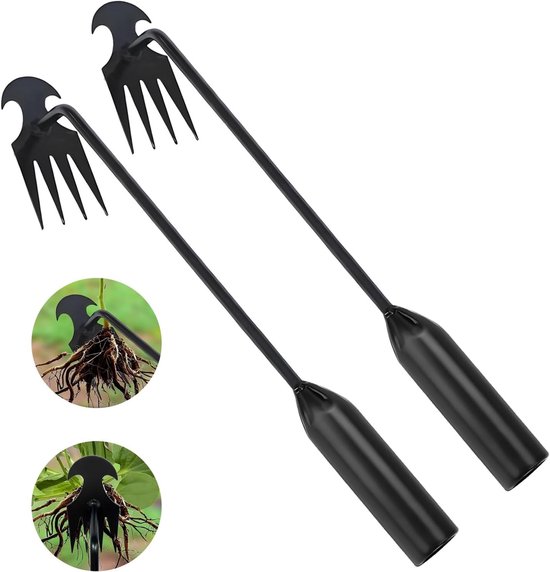 Set van 2 handmatige onkruidstekers van mangaanstaal, tuin gereedschap voor onkruidverwijdering en grond losmaken met 4 tanden