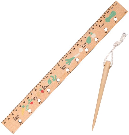 Set van 2 houten plantenliniaal en zaaimachine, liniaal voor zaadafstand, liniaal voor zaadplanten met gaten, liniaal voor tuinafstand met advies voor groenteafstand, gereedschap voor het planten van tuinzaden van Merkloos	