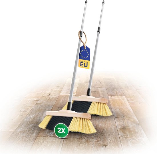 Set van 2 kamerbezems met steel FIJNE KUNSTHAREN Bezem met zachte haren, dicht opeengepakt Kastbezem Houten bezem met telescopische steel Kunstmatige PP-haren Bezem voor laminaat en parket Huisbezem van Merkloos	