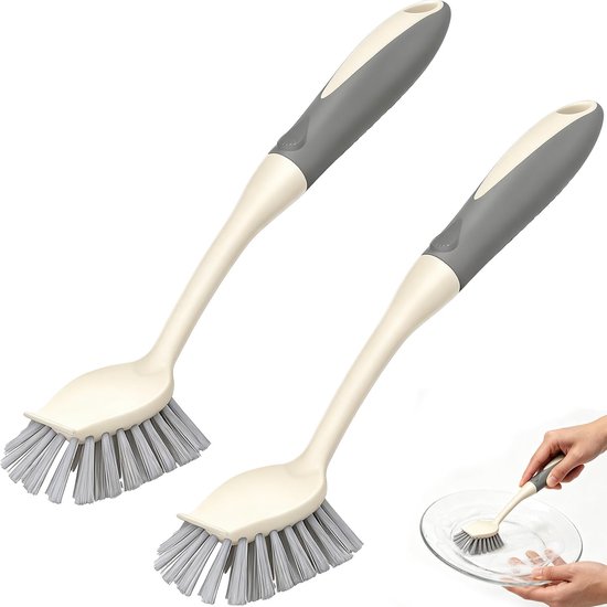set van 2, keukenborstel met siliconen handvat en geïntegreerde schraper, stijve nylon borstels, vaatschrobber voor keukengerei, potten, pannen en wastafels, vaatwasmachinebestendig