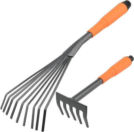 Set van 2 Mini Tuinharken, 25 cm en 36 cm, Roestvrij Staal, Ergonomische Grip voor Tuinonderhoud en Grasmaaien van Merkloos	