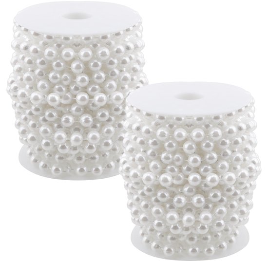 Set van 2 stuks, 10 m x 10 mm, witte parelslinger, parelketting, decoratieve kralen, rol voor bruiloft en feestdecoratie, verjaardag, doop, tafel, decoratie, doe-het-zelf handwerk