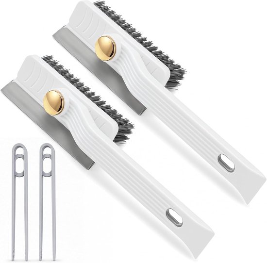 Set van 2 veelzijdige 4-in-1 voegborstels met 360° draaibare borstelkop, V-vormige harde haren, geïntegreerde haarclip en schraper, ideaal voor het schoonmaken van badkamer, keuken, ramen en tegels.