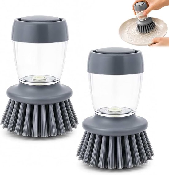 Set van 2 zeepdispenser en handborstelset, afwasborstel met afwasmiddeldispenser, afwasborstel met zeepdispenser, voor het reinigen van servies, potten, pannen en gootstenen (grijs)